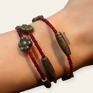 Vintage Red Glass Beaded & Floral Charm Wire Wrap Bracelet